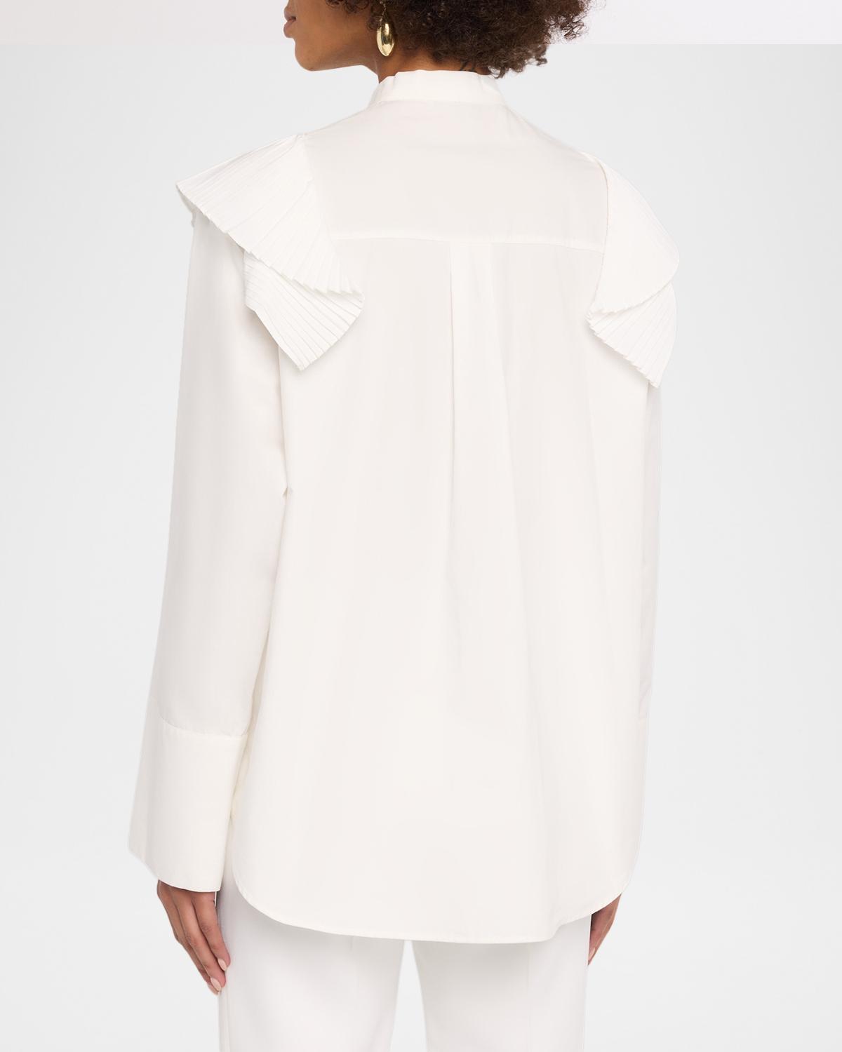 Neck-Tie Plisse Ruffle Cotton Button-Down Blouse - thumbnail 3