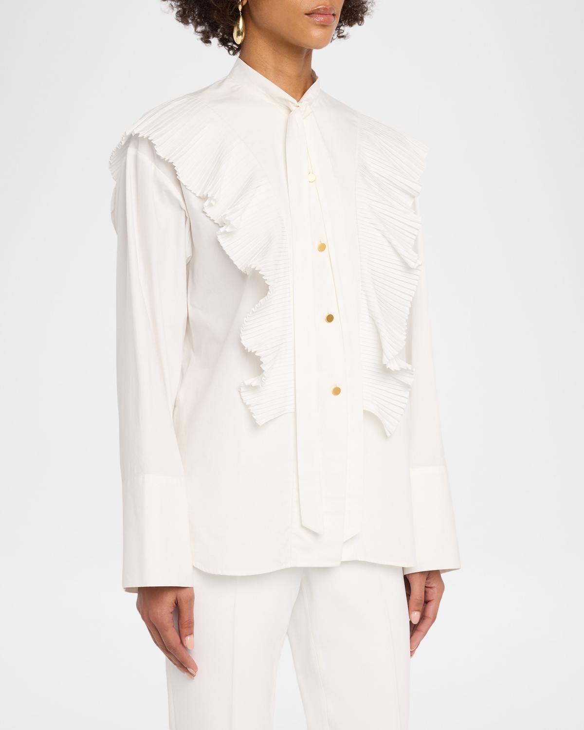 Neck-Tie Plisse Ruffle Cotton Button-Down Blouse - thumbnail 4