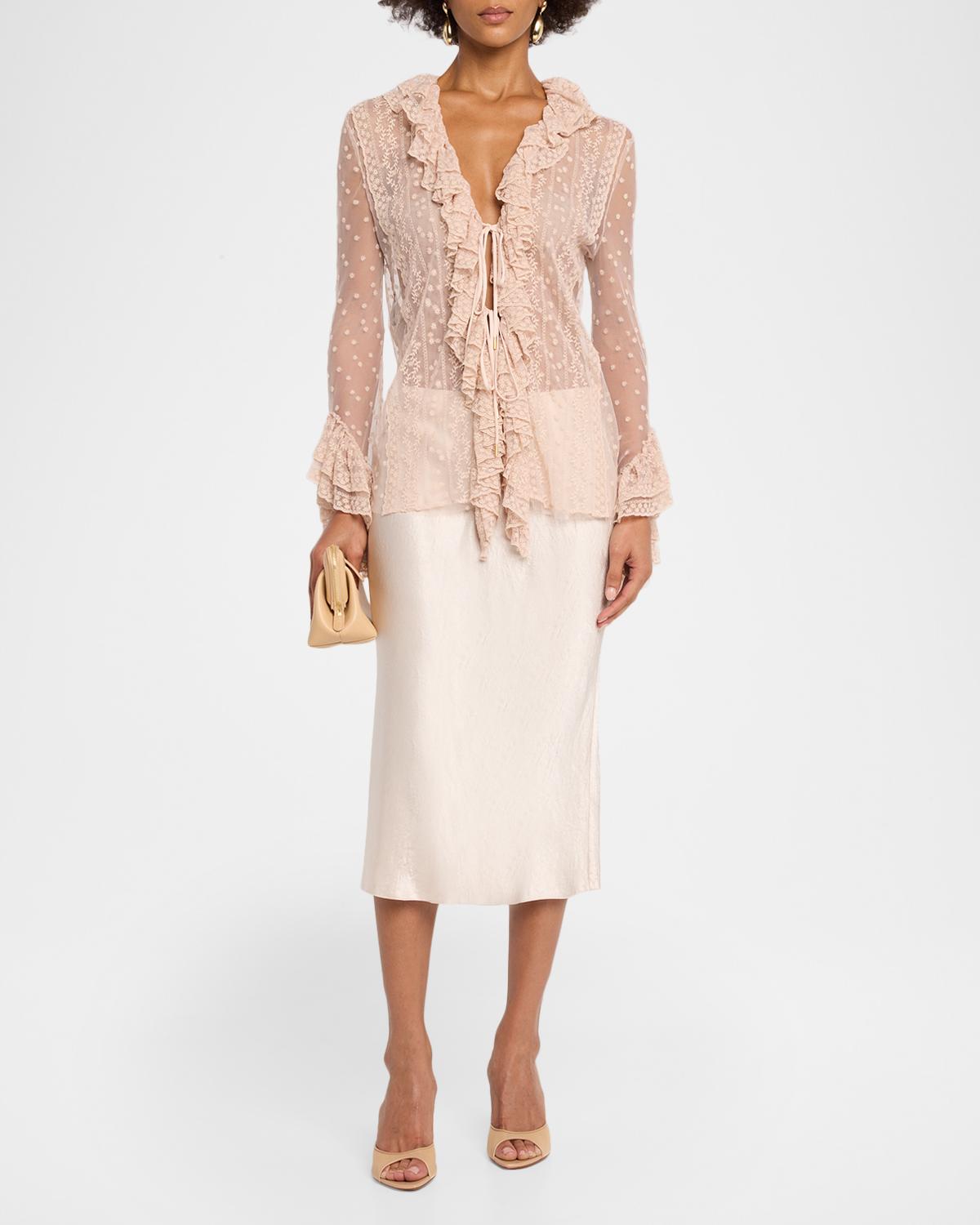 Long-Sleeve Ruffle Lace Tie Blouse - thumbnail 2