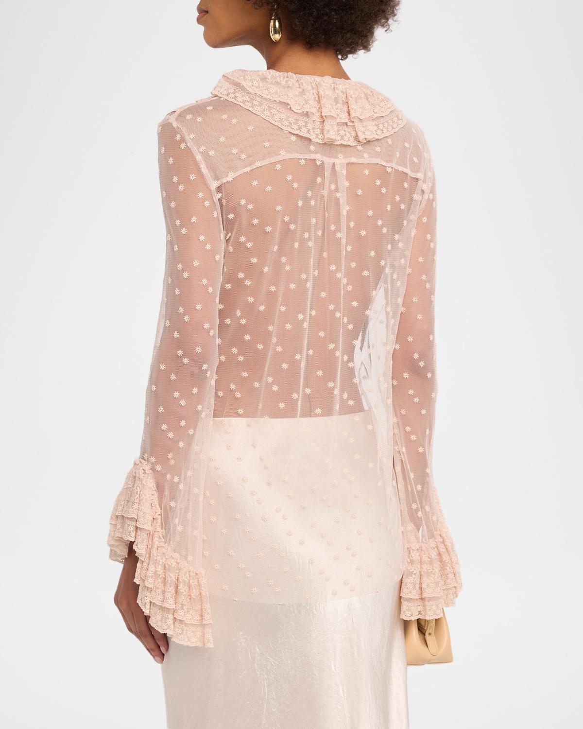 Long-Sleeve Ruffle Lace Tie Blouse - thumbnail 3
