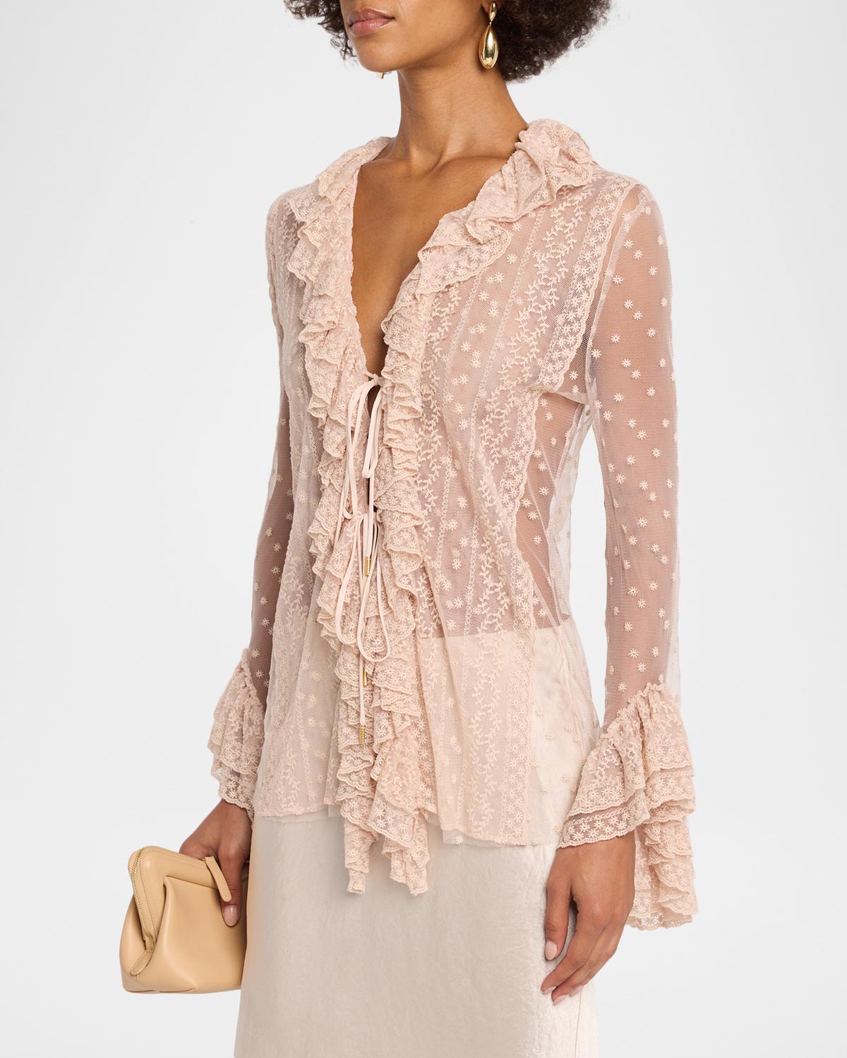 Long-Sleeve Ruffle Lace Tie Blouse - thumbnail 4