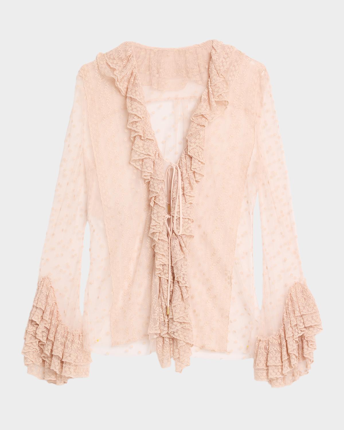 Long-Sleeve Ruffle Lace Tie Blouse