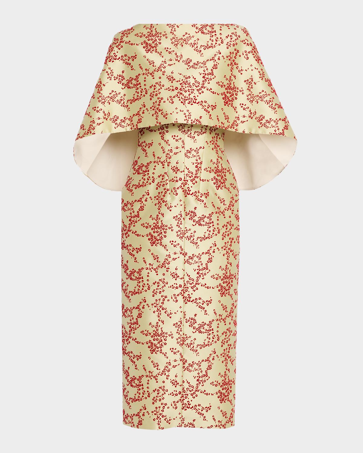 Floral Mikado Silk Capelet Midi Dress