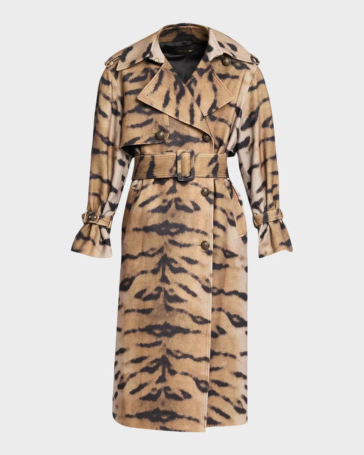 Nicole Tiger-Print Wool Trench Coat