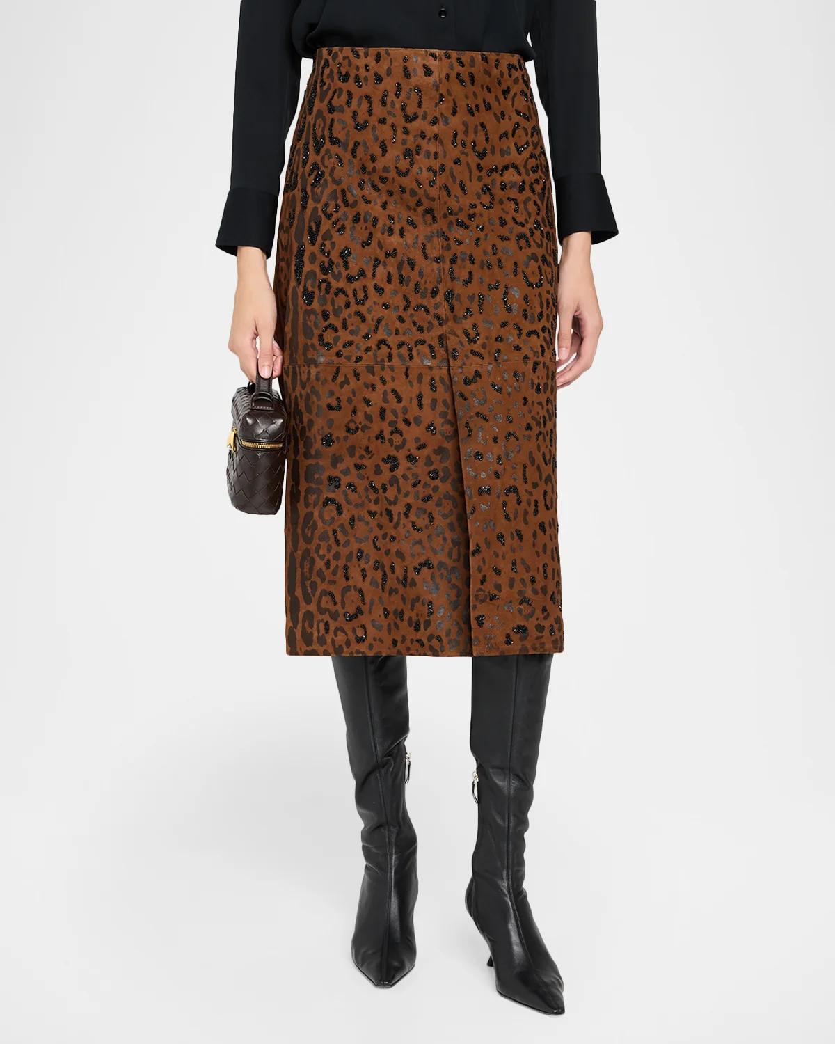 Melissa Beaded Leopard Suede Midi Skirt - thumbnail 4