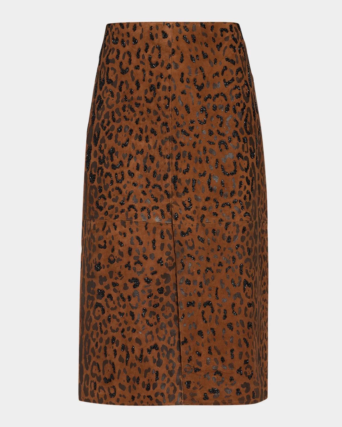 Melissa Beaded Leopard Suede Midi Skirt