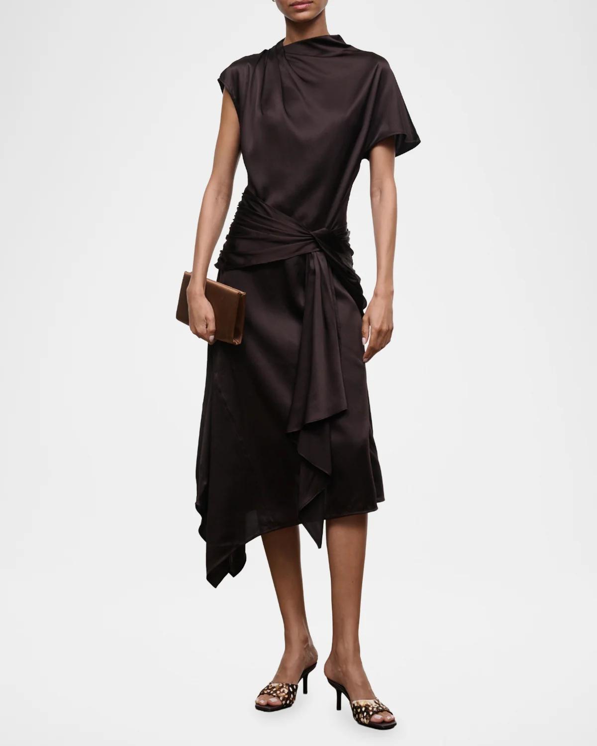Davina Front-Knot Asymmetric Satin Midi Dress - thumbnail 2