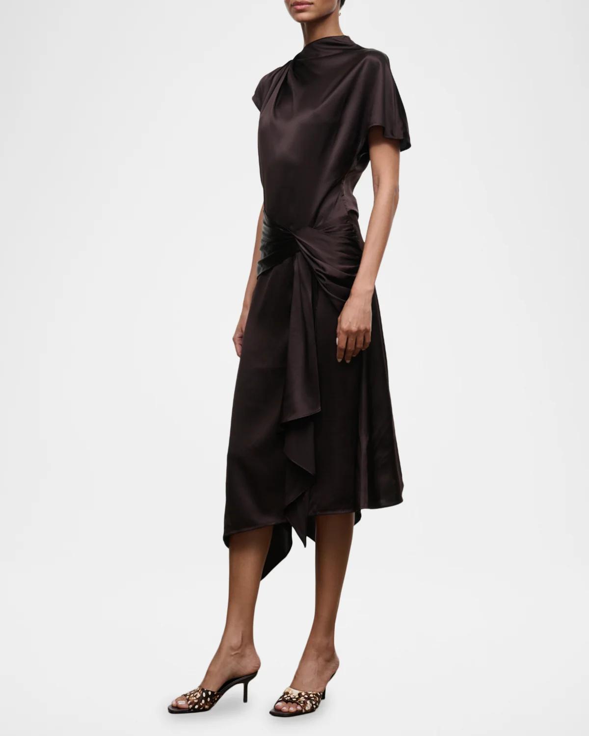Davina Front-Knot Asymmetric Satin Midi Dress - thumbnail 4