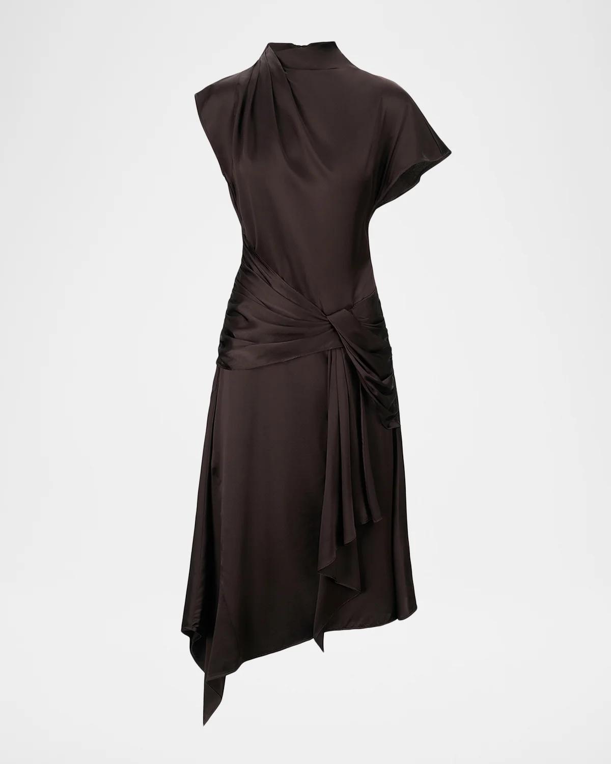 Davina Front-Knot Asymmetric Satin Midi Dress