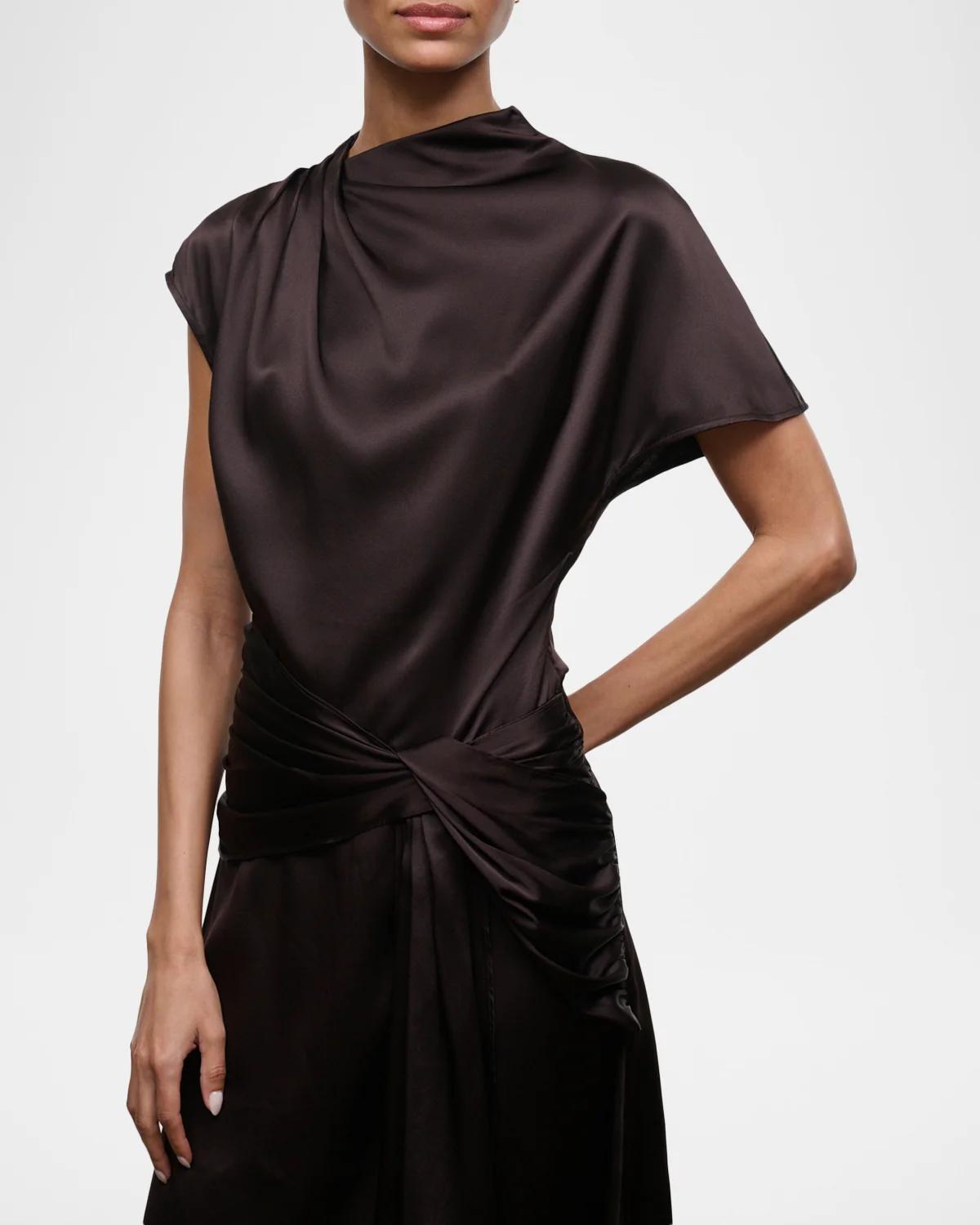 Davina Front-Knot Asymmetric Satin Midi Dress - thumbnail 5
