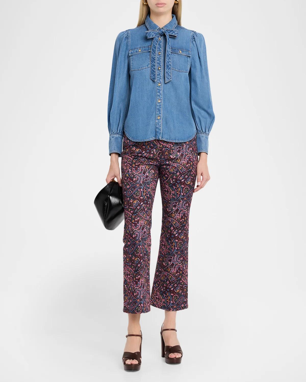 Adair Bishop-Sleeve Tie-Neck Chambray Blouse - thumbnail 2