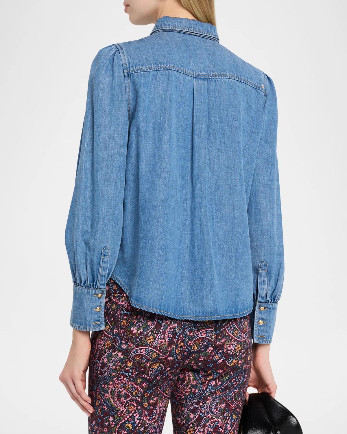 Adair Bishop-Sleeve Tie-Neck Chambray Blouse - thumbnail 3