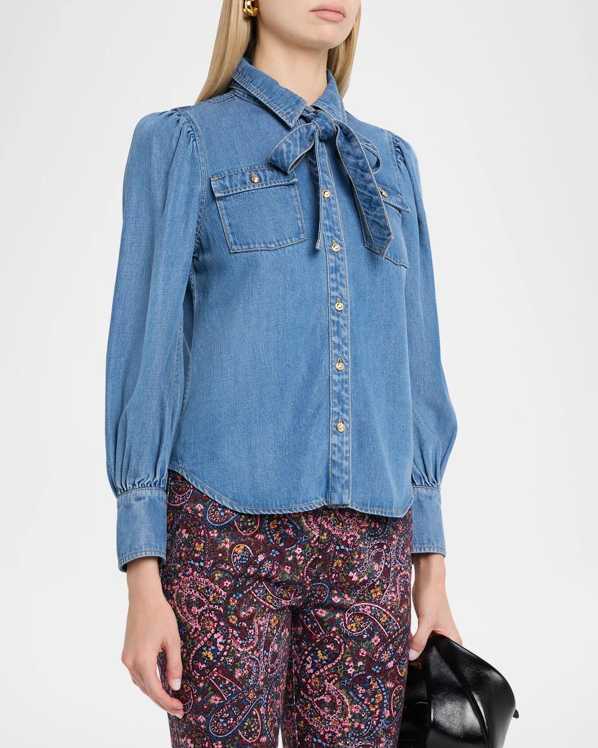 Adair Bishop-Sleeve Tie-Neck Chambray Blouse - thumbnail 4