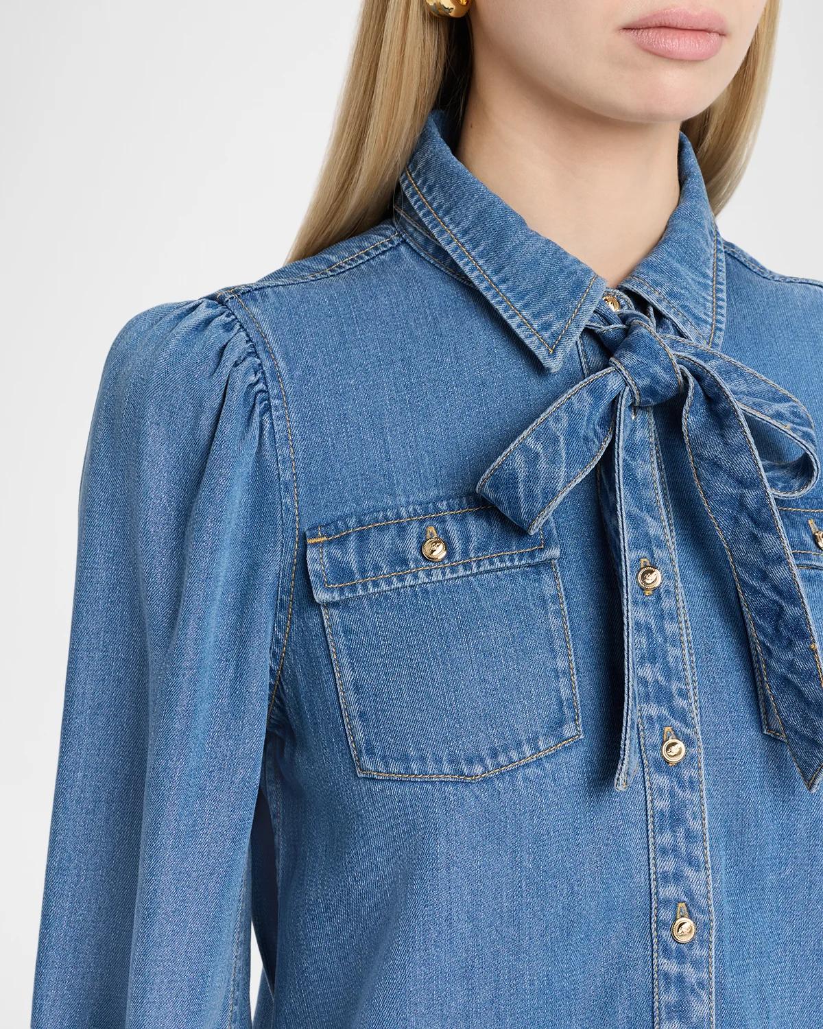 Adair Bishop-Sleeve Tie-Neck Chambray Blouse - thumbnail 5
