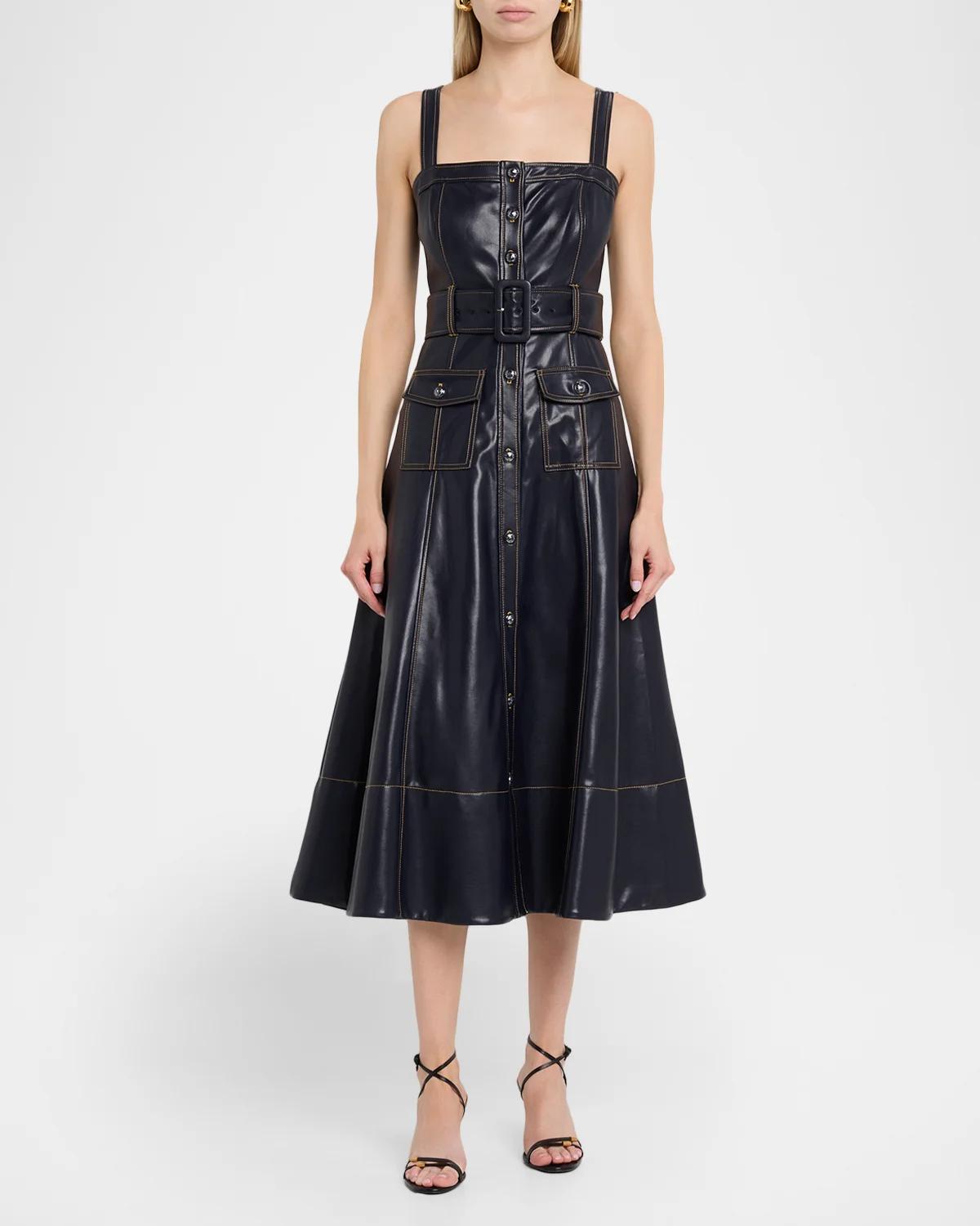 Veena Belted Vegan Leather Midi Dress - thumbnail 2