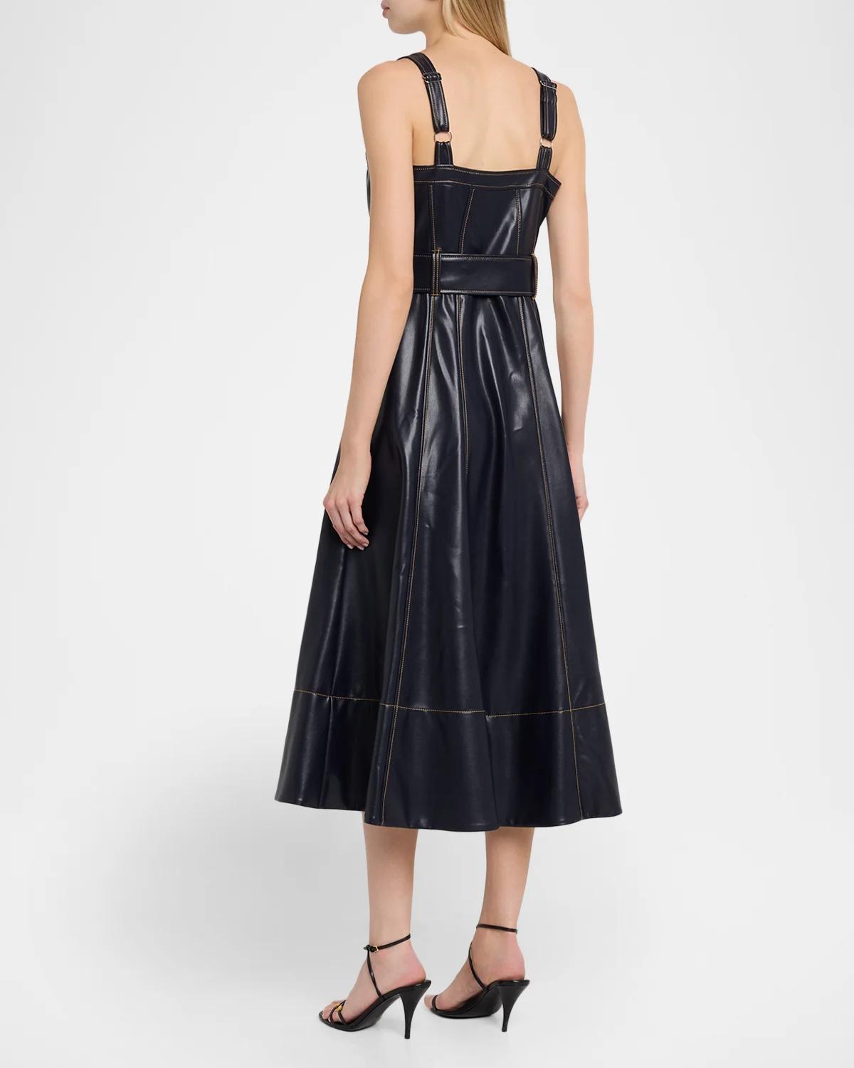 Veena Belted Vegan Leather Midi Dress - thumbnail 3