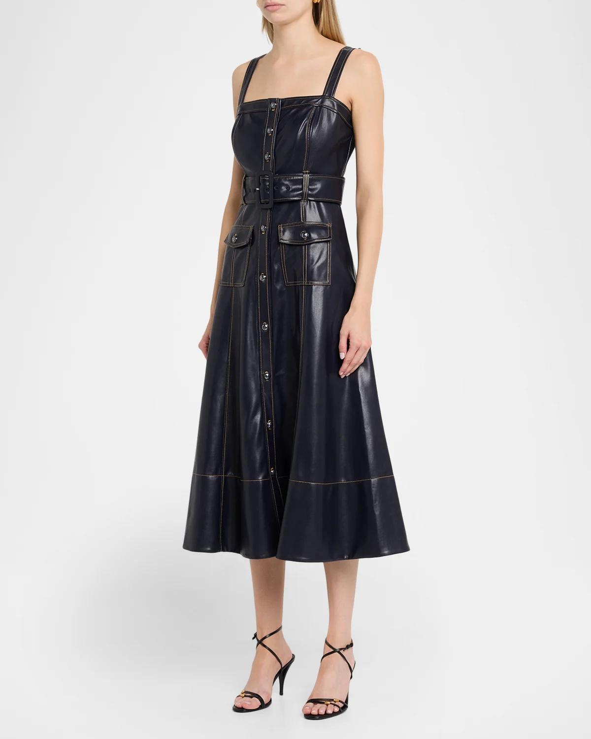 Veena Belted Vegan Leather Midi Dress - thumbnail 4