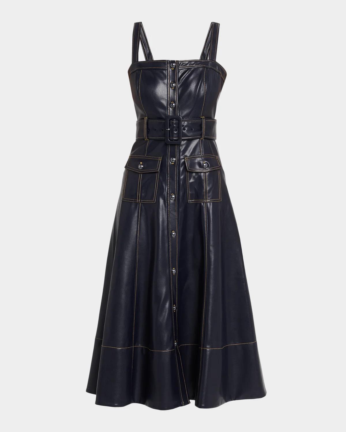 Veena Belted Vegan Leather Midi Dress