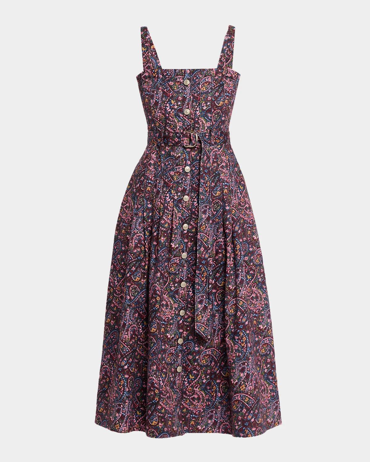 Branwen Belted Paisley Denim Midi Dress