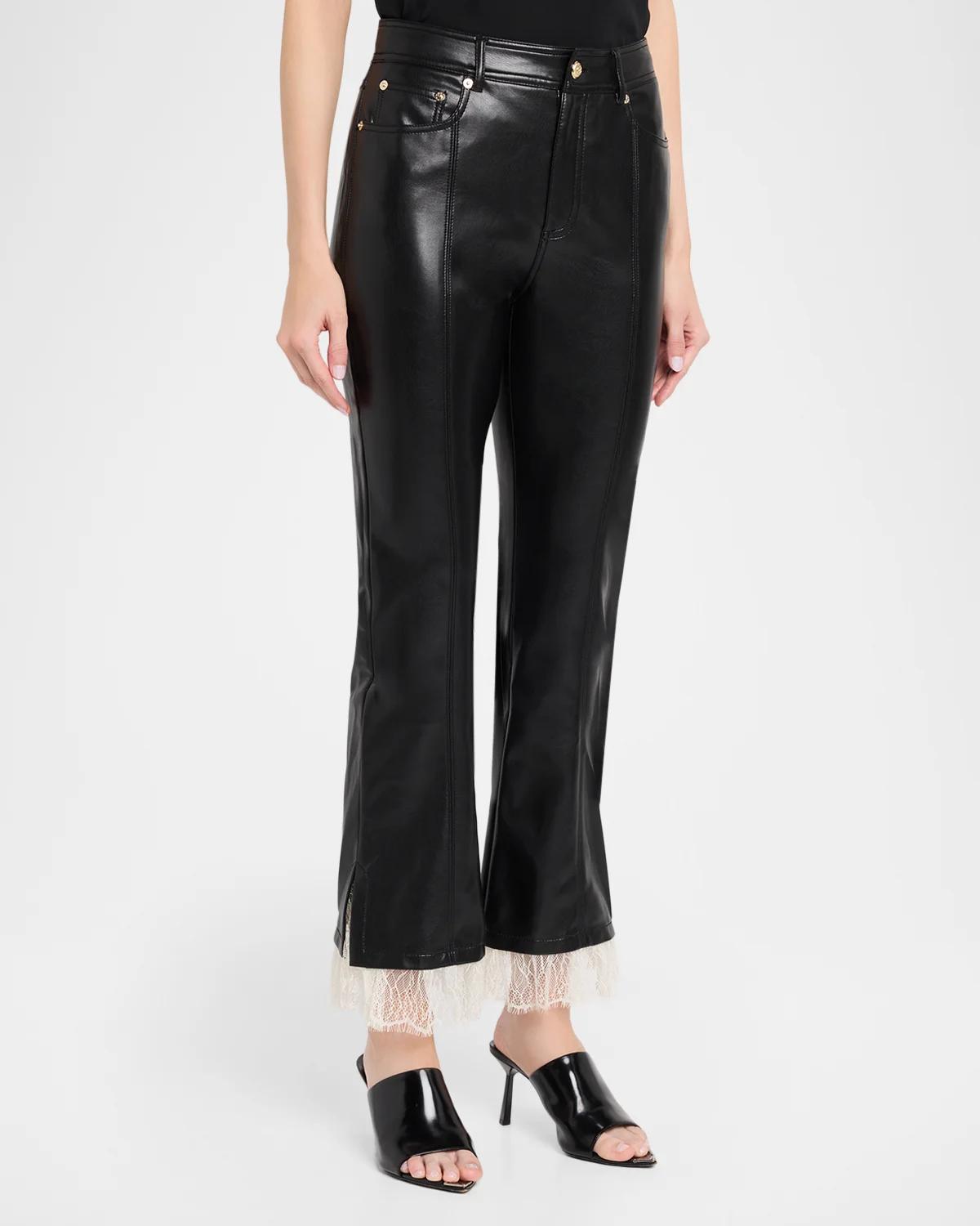 Lace-Trim Vegan Leather Kick Flare Pants - thumbnail 4