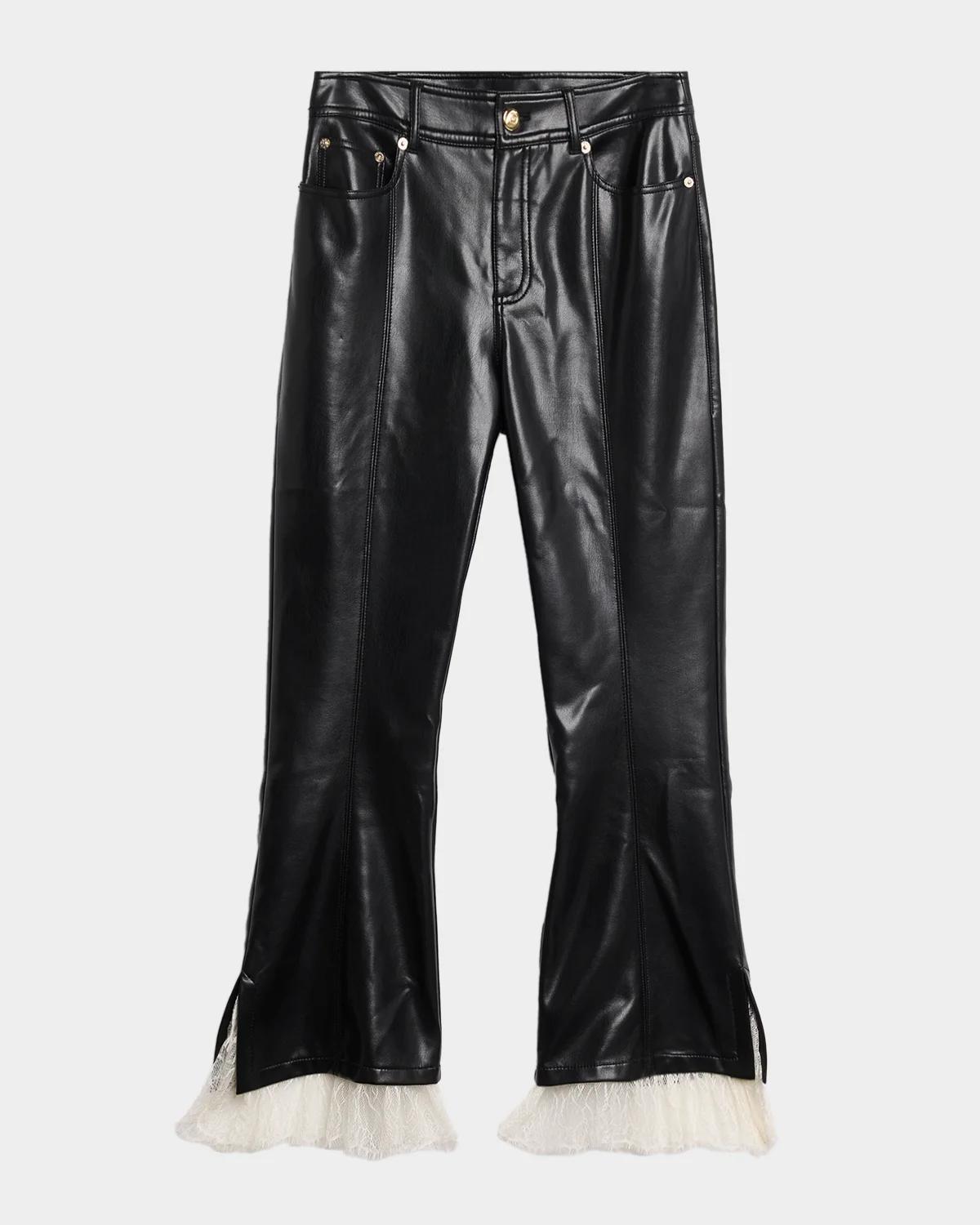 Lace-Trim Vegan Leather Kick Flare Pants