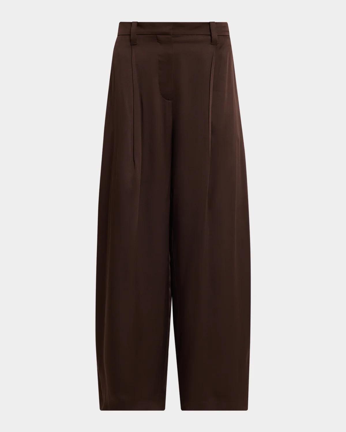 Brunello Cucinelli Fluid Silk Satin Pleated Soft Barrel-Leg Pants