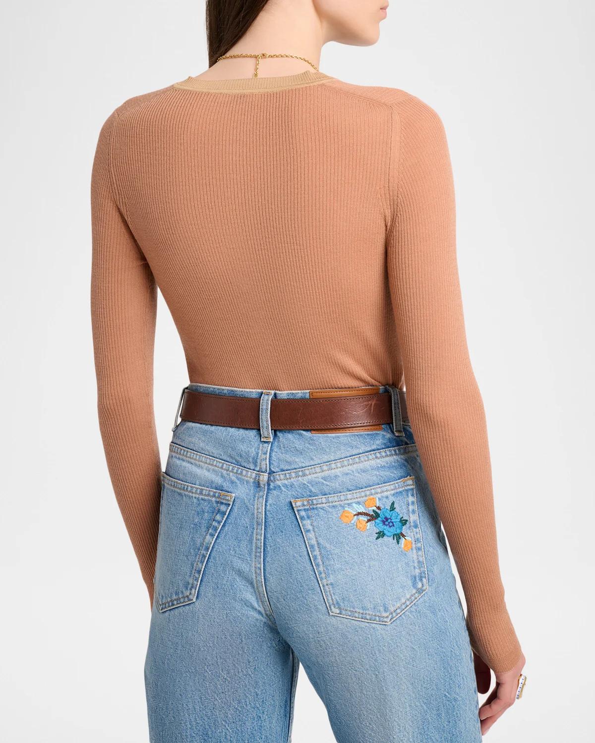 Silk-Wool Rib Long-Sleeve Henley Top - thumbnail 3