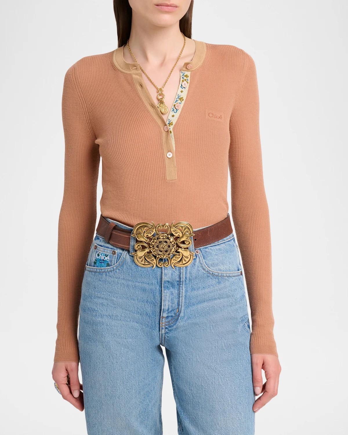 Silk-Wool Rib Long-Sleeve Henley Top - thumbnail 4