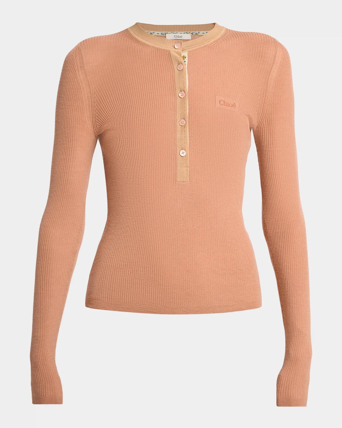 Silk-Wool Rib Long-Sleeve Henley Top