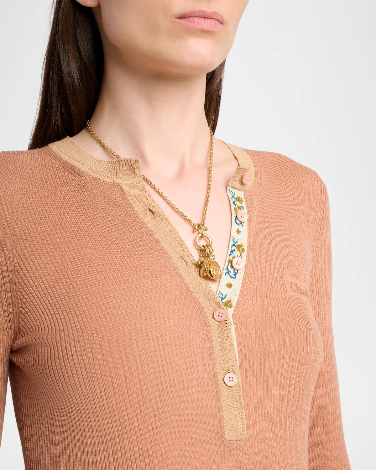 Silk-Wool Rib Long-Sleeve Henley Top - thumbnail 5