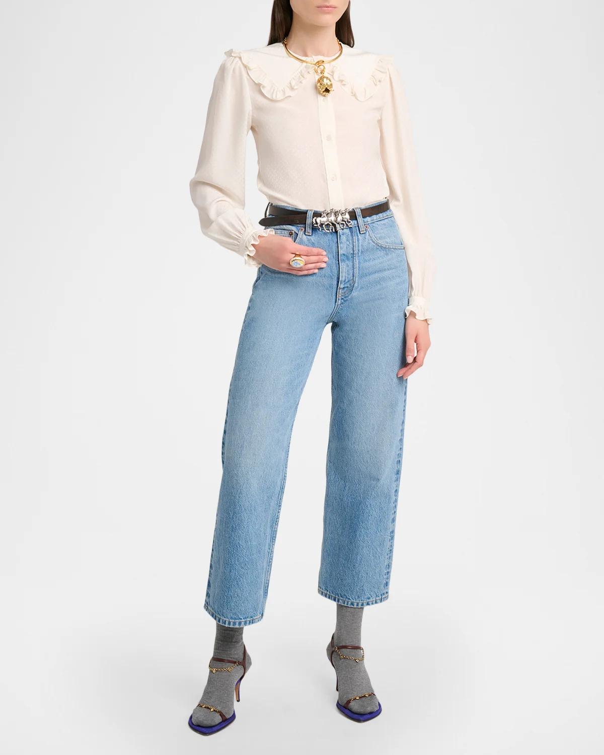 Ruffled Wide Collar Silk Jacquard Button-Down Blouse - thumbnail 2
