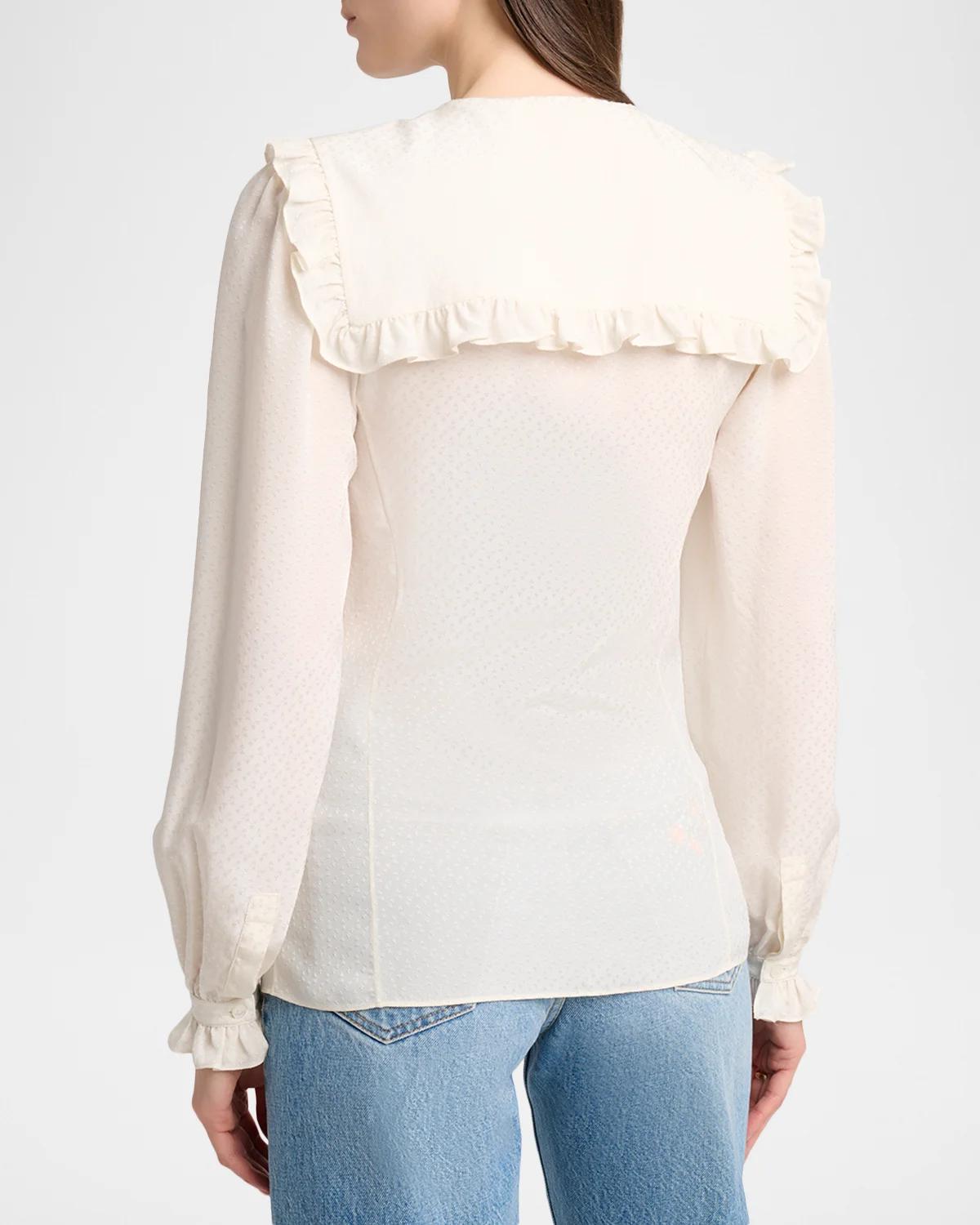 Ruffled Wide Collar Silk Jacquard Button-Down Blouse - thumbnail 3