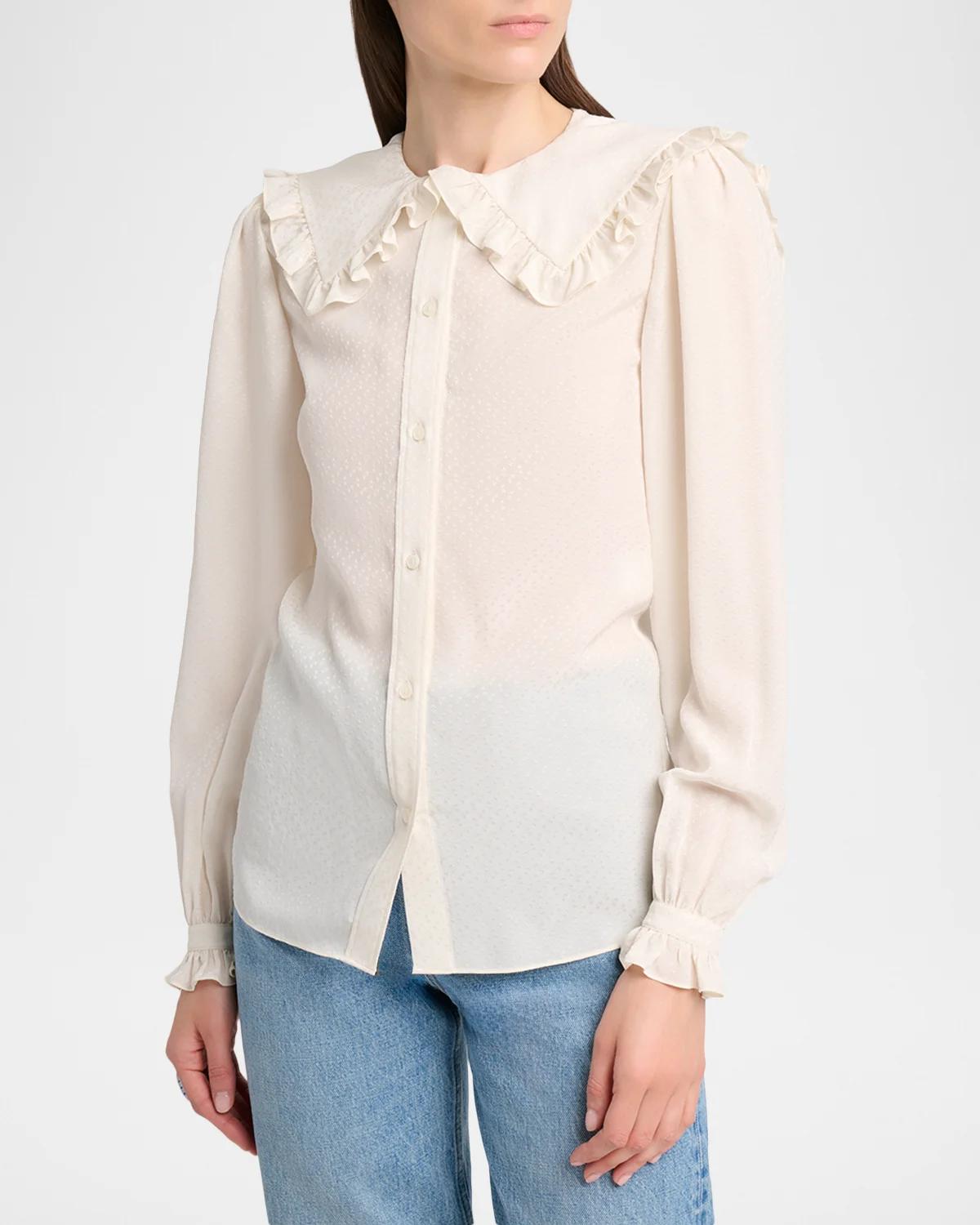 Ruffled Wide Collar Silk Jacquard Button-Down Blouse - thumbnail 4