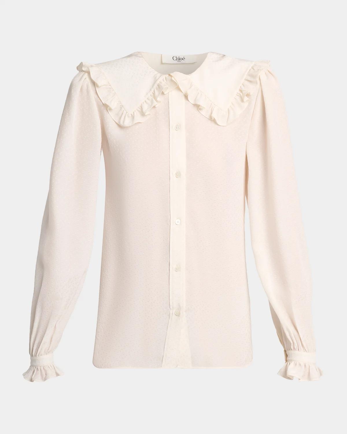 Ruffled Wide Collar Silk Jacquard Button-Down Blouse