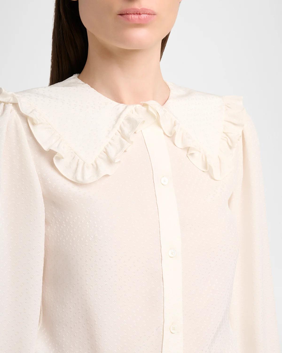 Ruffled Wide Collar Silk Jacquard Button-Down Blouse - thumbnail 5