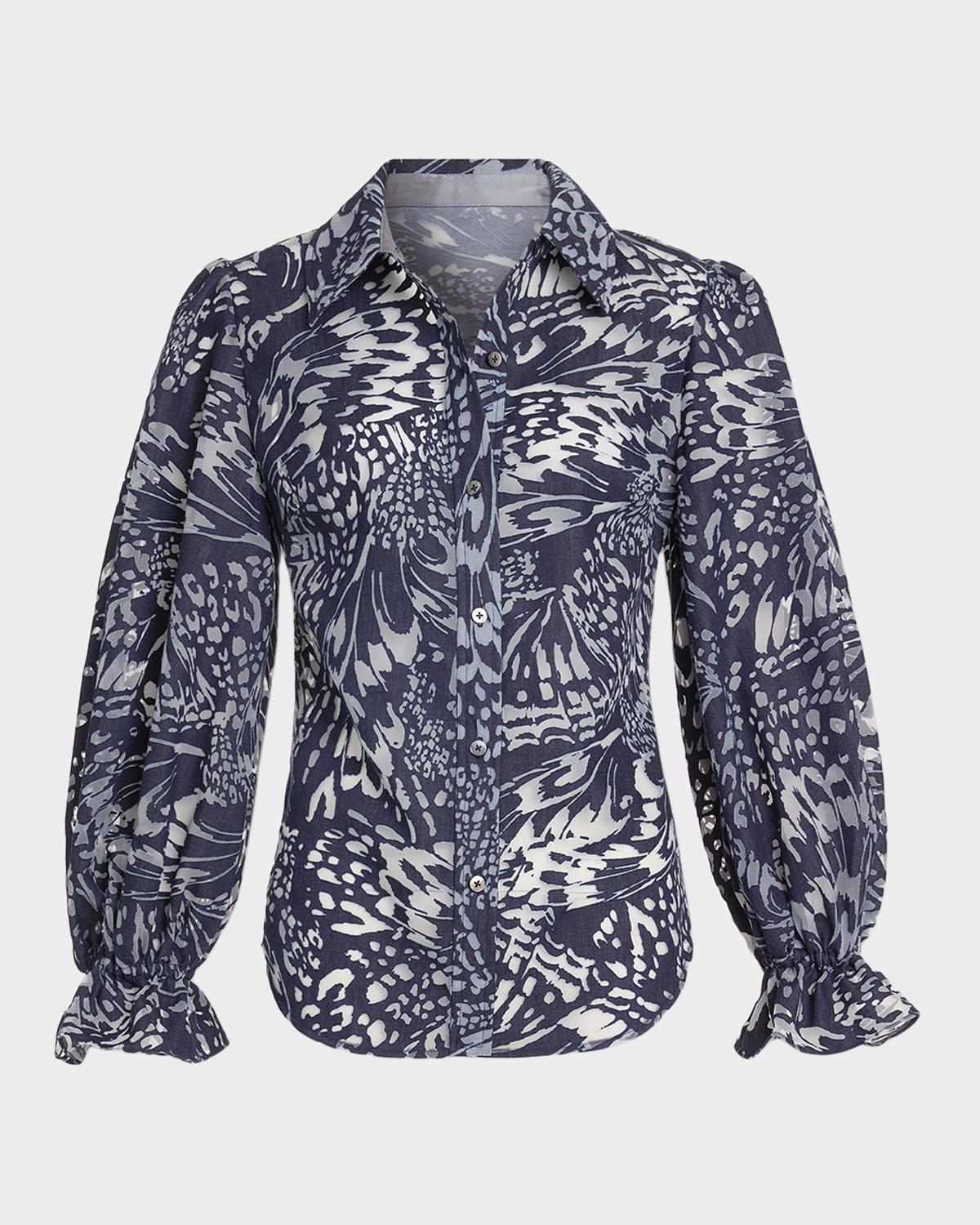 Joy Blouson-Sleeve Butterfly Burnout Blouse