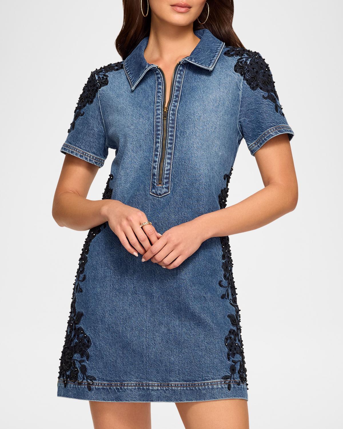Parker Beaded Embroidered Denim Mini Dress - thumbnail 4