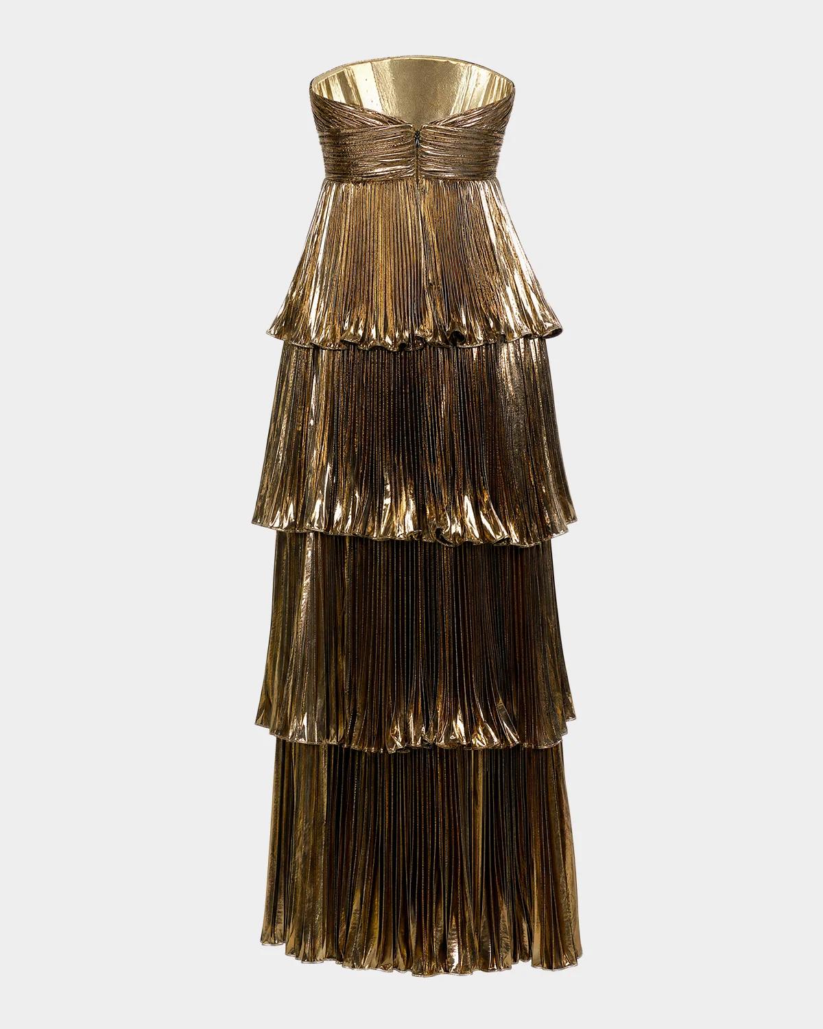 Metallic Pleated Tiered Strapless Gown - thumbnail 5