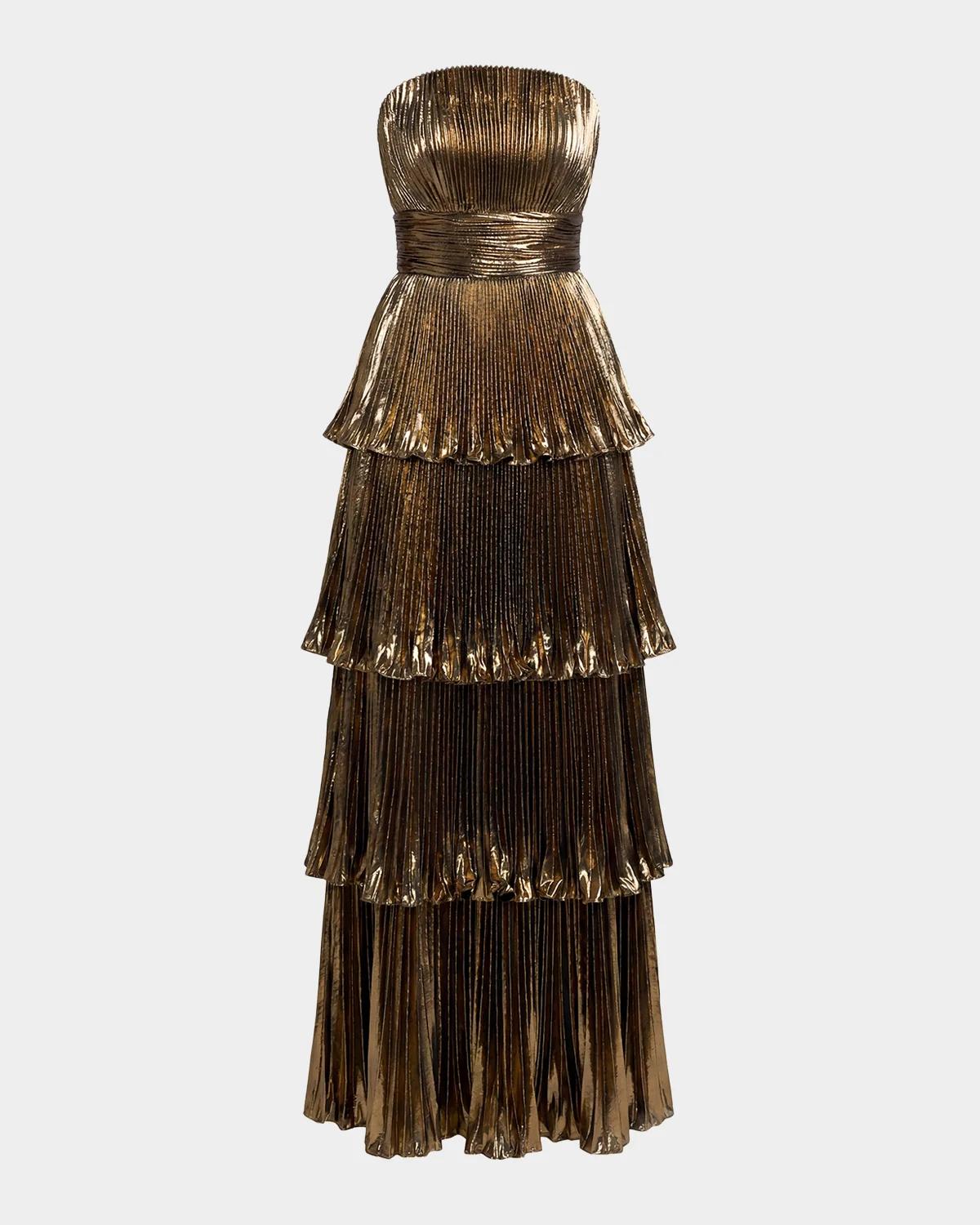 Metallic Pleated Tiered Strapless Gown
