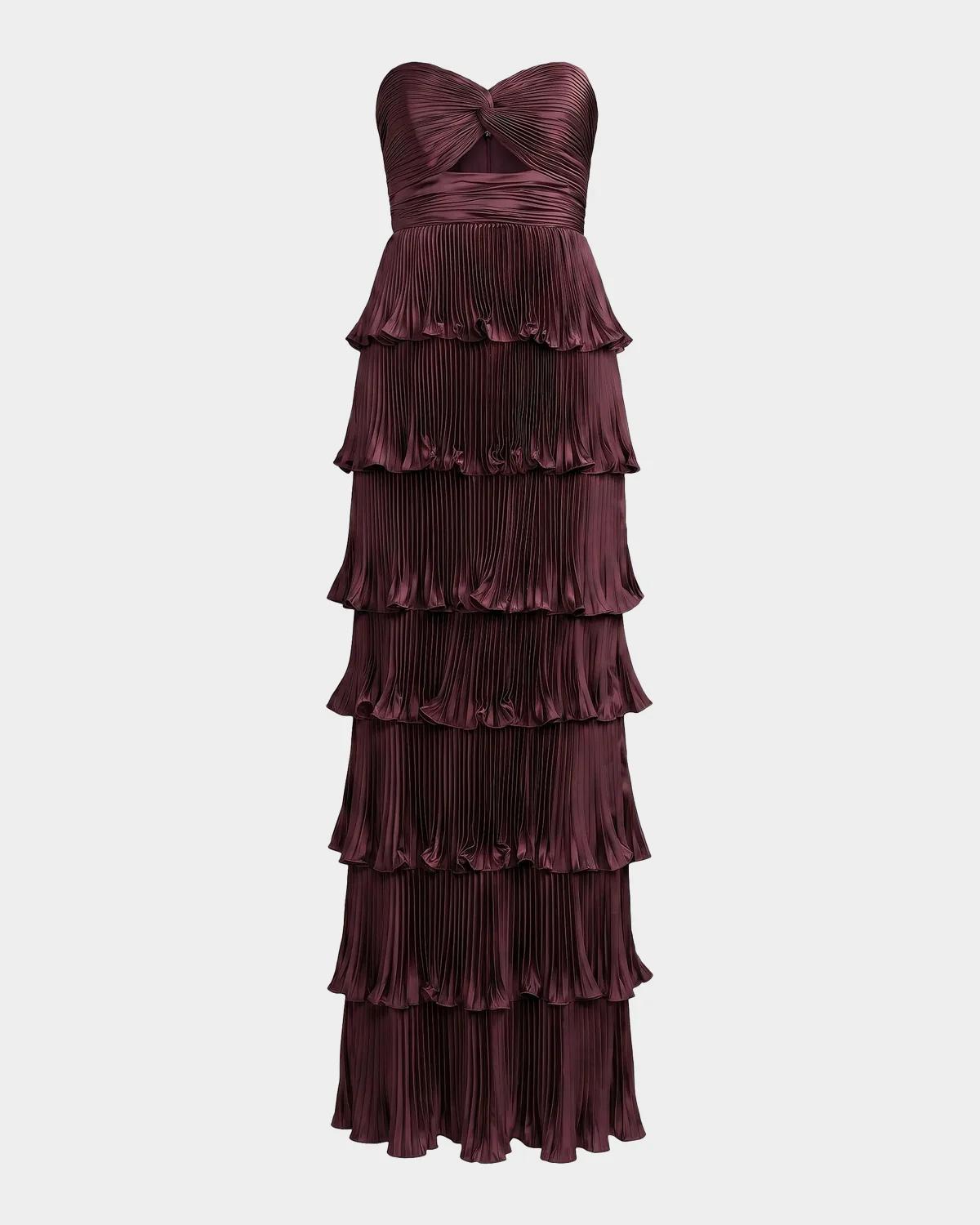 Ieena Pleated Charmeuse Strapless Tiered Ruffle Gown