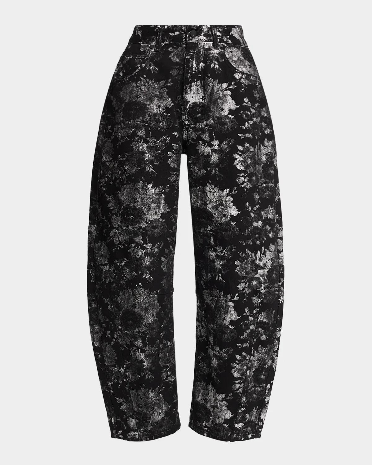 KO Foil Floral Jacquard Barrel-Leg Jeans