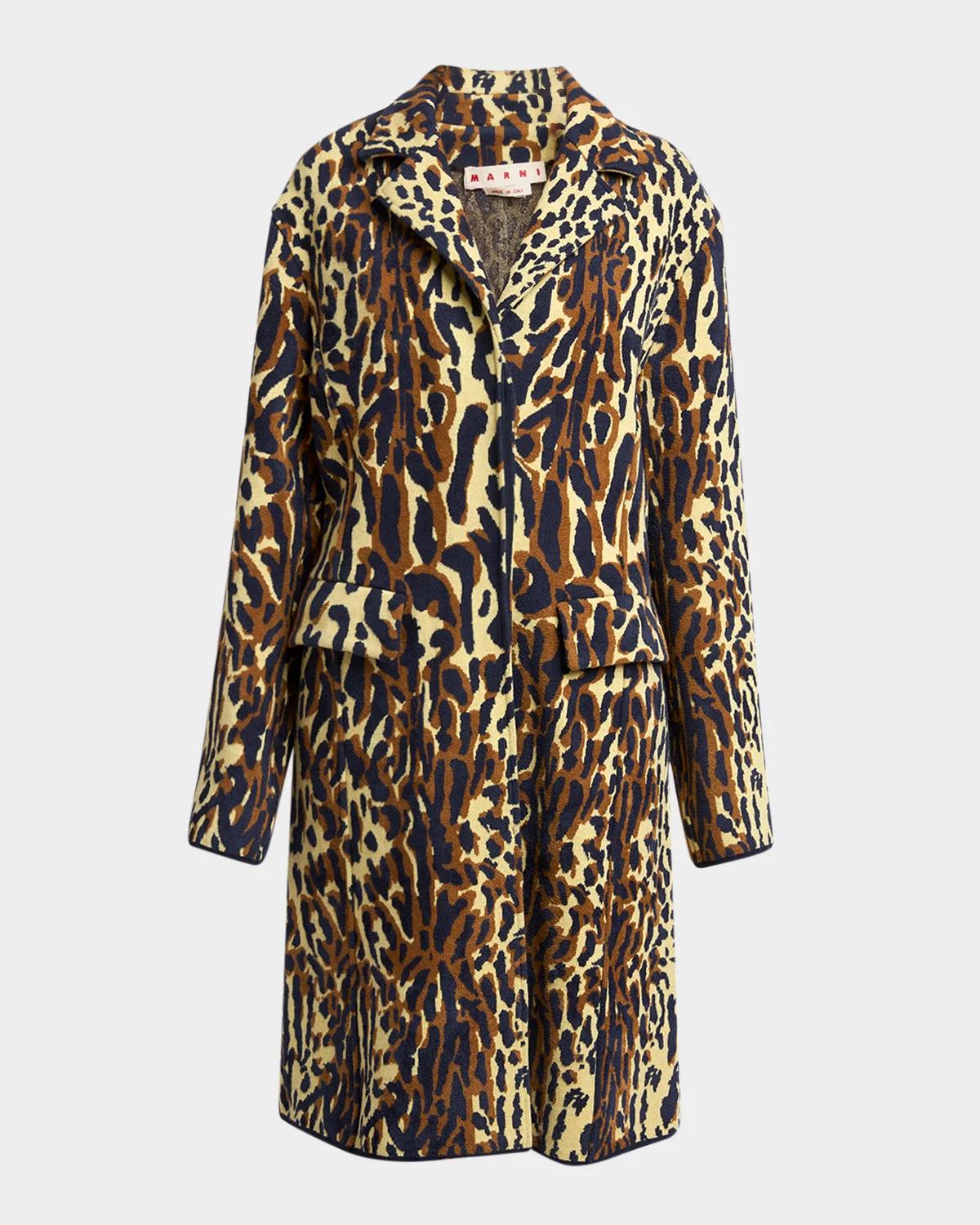 Leopard Knit Wool-Cashmere Single-Breasted Coat
