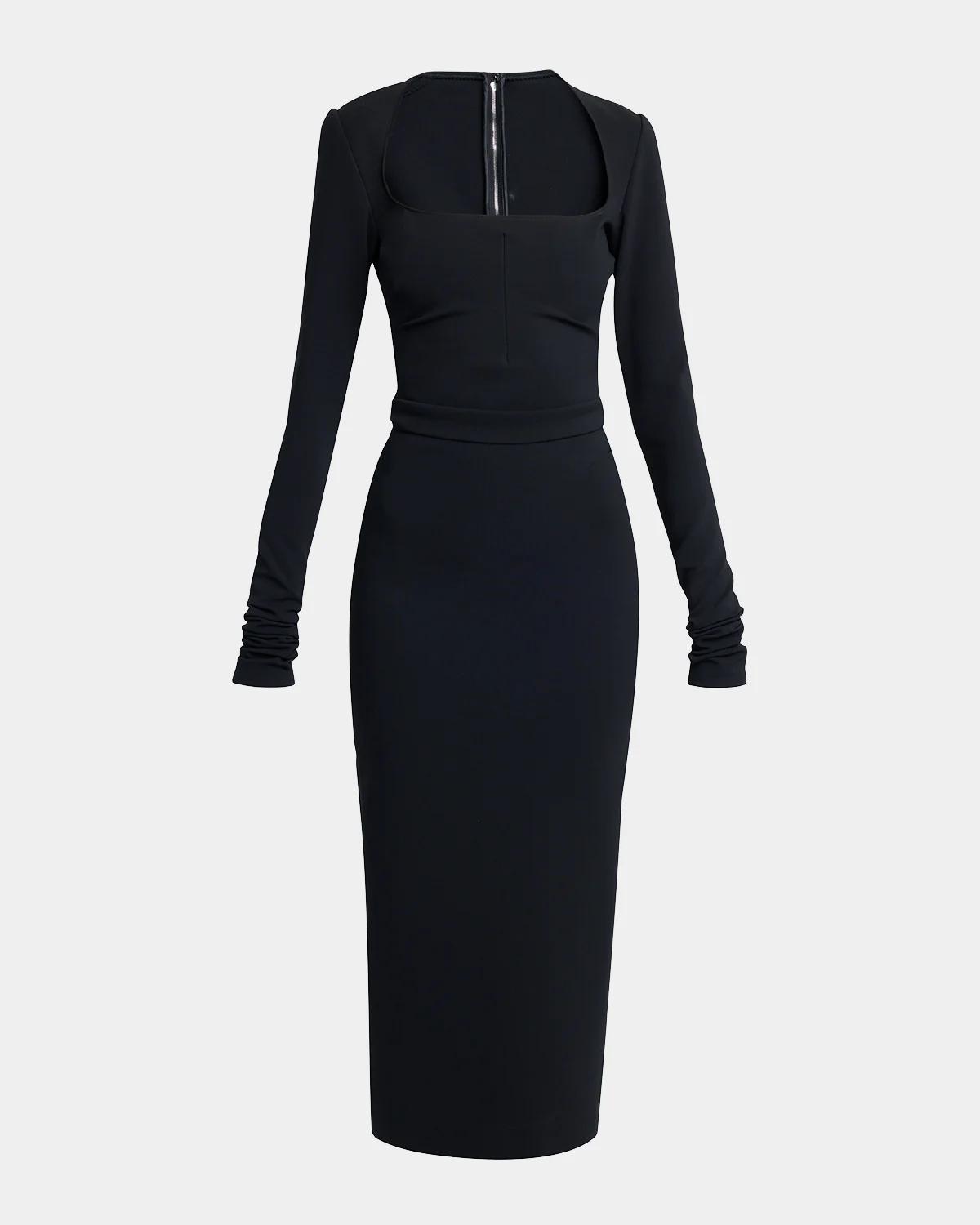 Square-Neck Jersey Milano Rib Long-Sleeve Midi Dress