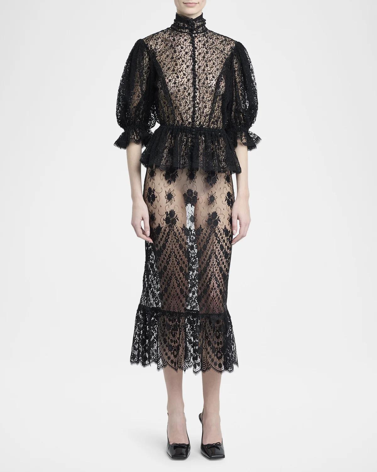 Sheer Chantilly Lace Ruffle Midi Skirt - thumbnail 2