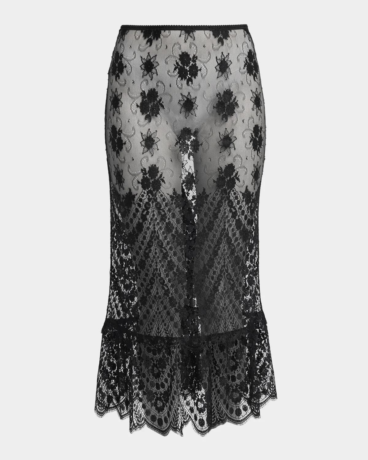 Sheer Chantilly Lace Ruffle Midi Skirt