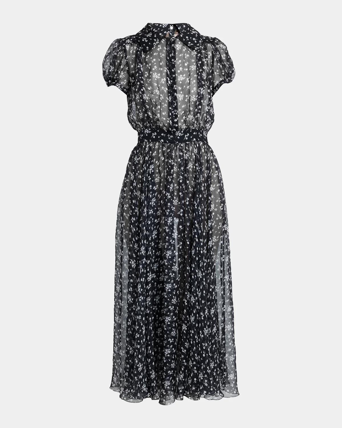 Short-Sleeve Floral-Print Silk Chiffon Midi Shirtdress