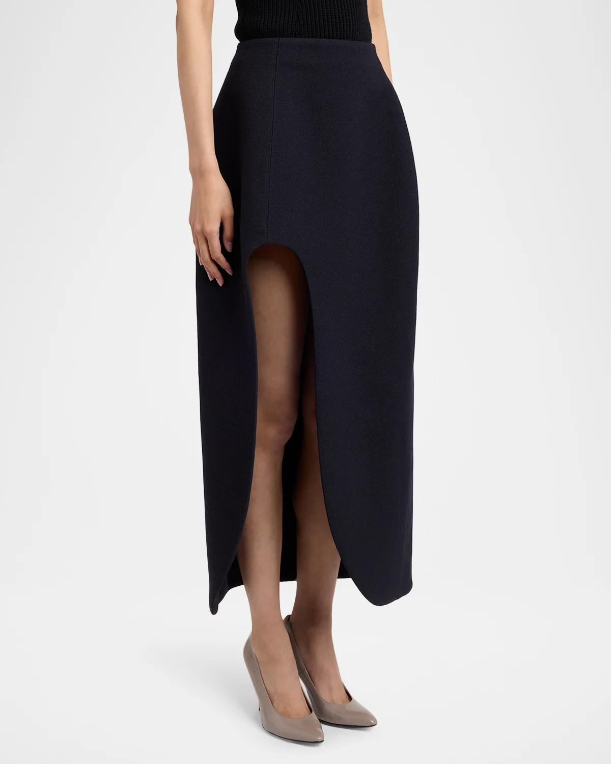 Curved Slit Wool Crepe Midi Skirt - thumbnail 3