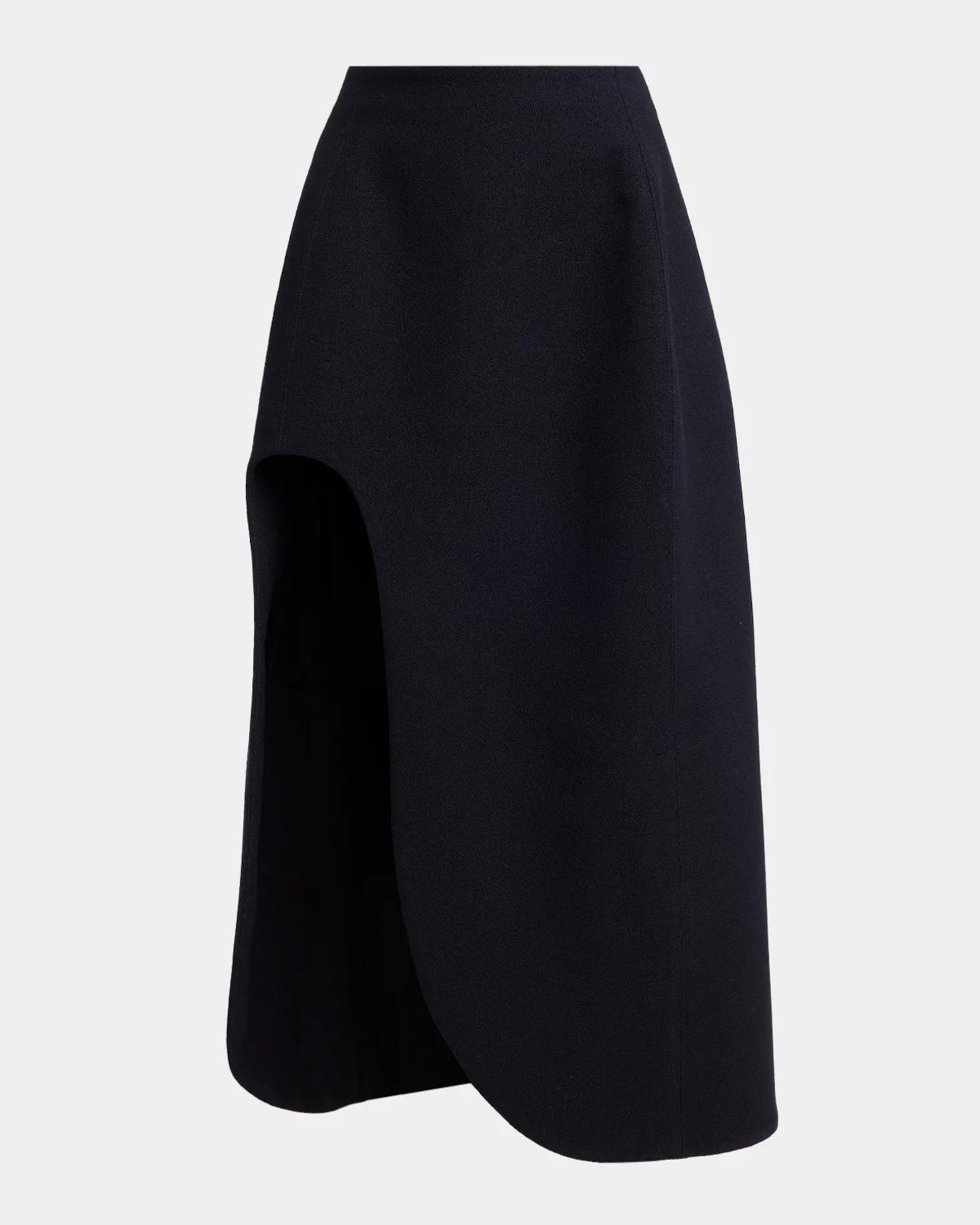 Curved Slit Wool Crepe Midi Skirt