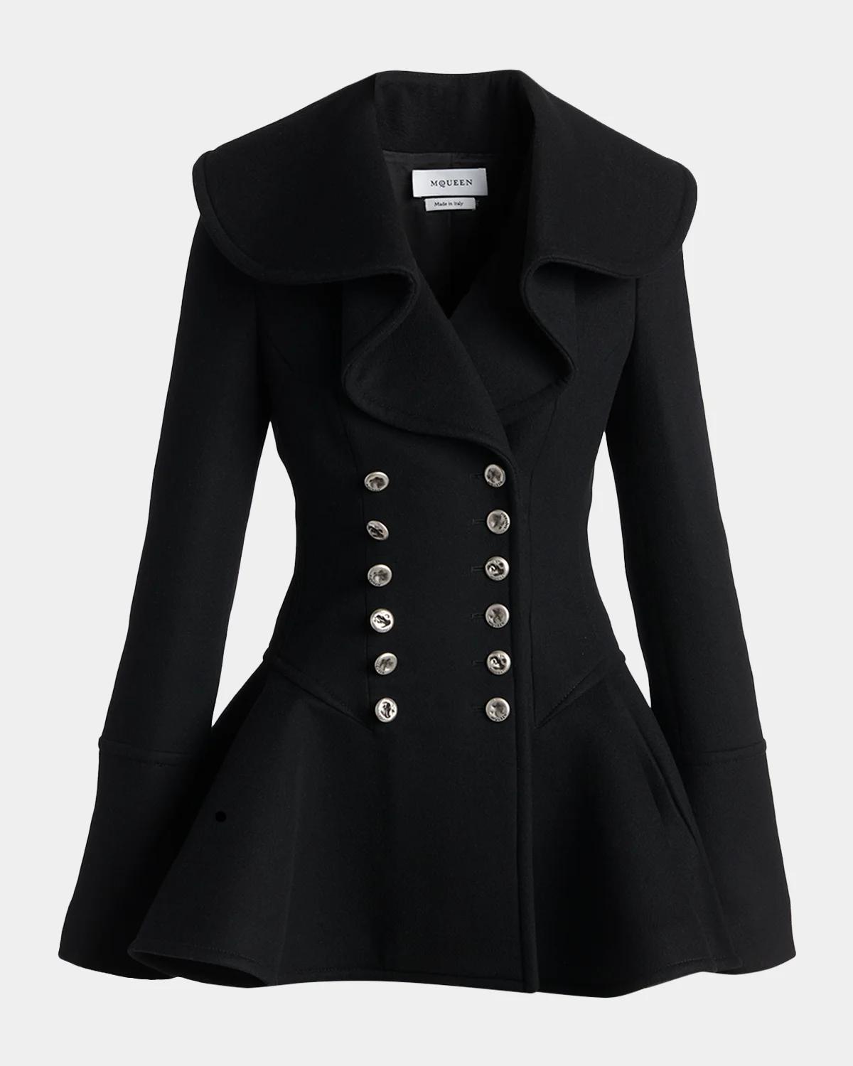 Ruffle Wool Fitted Double-Breasted Coat