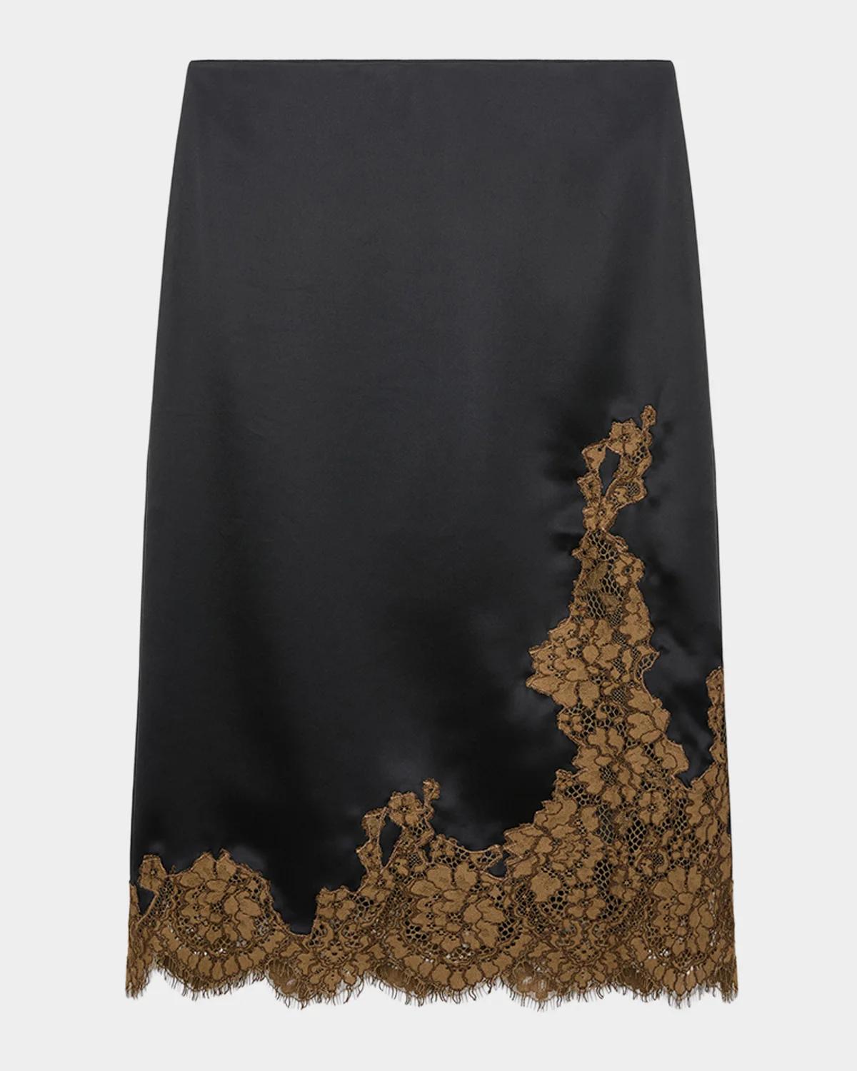 Shiny Statement Lace-Trim Satin Midi Skirt